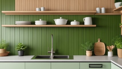 Green wall paneling with wooden shelves in the kitchen space