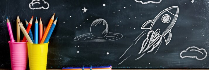 Chalkboard with Rocket and Space Theme
