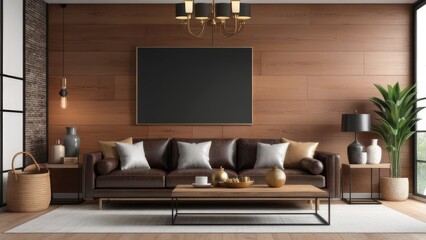 interior living room wall mockup with leather sofa and decor on wooden wall background