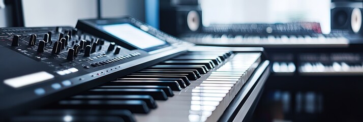 audio production concept with mixing board and instruments for music recording, podcasting, streaming, and radio broadcasts