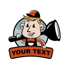 Cartoon plumber mascot holding a plunger with room for text.