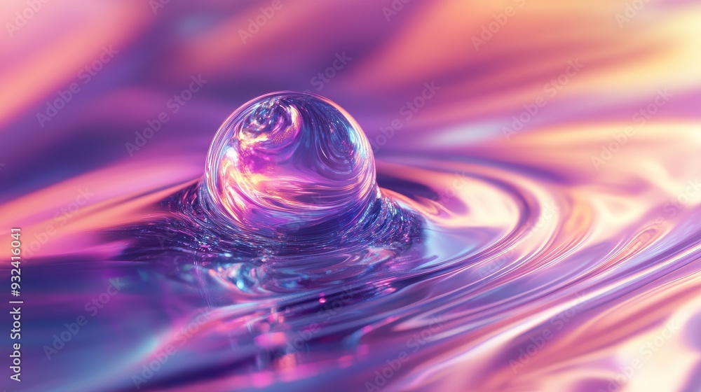 Poster an abstract scene featuring an iridescent sphere making contact with a liquid surface, creating ripp