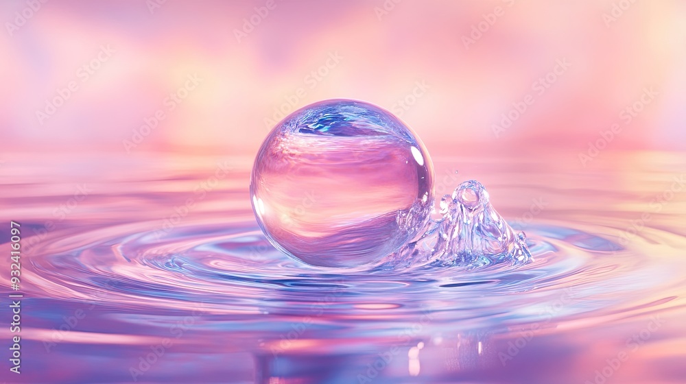 Poster an abstract scene featuring an iridescent sphere making contact with a liquid surface, creating ripp