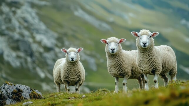 Three sheep grazing on a hillside in a mountainous landscape - Powered by Adobe