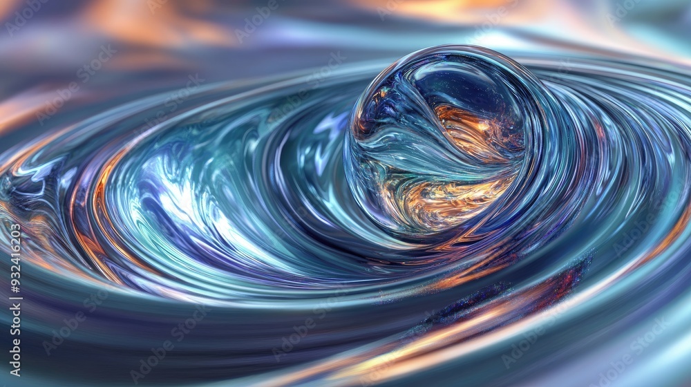 Poster an abstract scene featuring an iridescent sphere making contact with a liquid surface, creating ripp