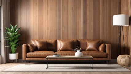 interior living room wall mockup with leather sofa and decor on wooden wall background