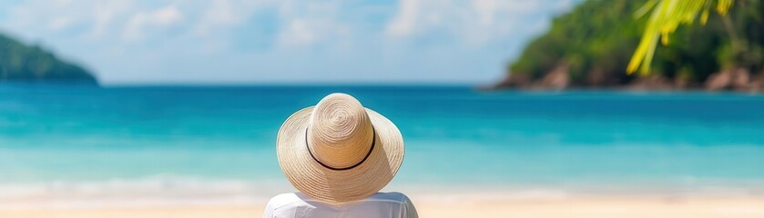 Retired woman on a tropical island, walking along the beach, her pension enabling a carefree travel lifestyle, exotic retirement, pension-backed travel