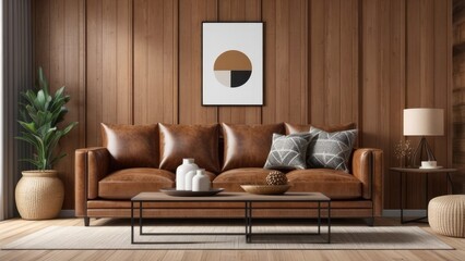 interior living room wall mockup with leather sofa and decor on wooden wall background