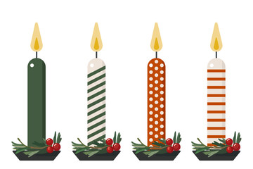 Set of traditional Christmas candles in red, green and beige color, vector illustration