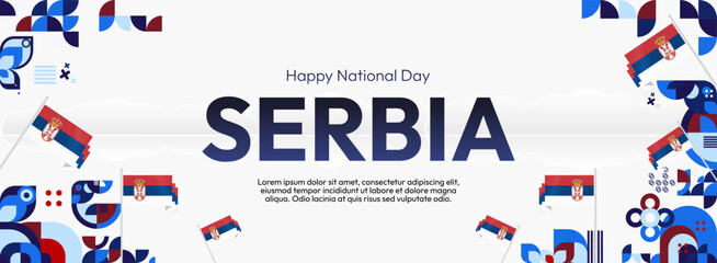 Serbia National Day Banner in creative geometric style. Wide banner suitable for independence greeting card and more event backgrounds with Serbian flag. 15th February. Happy Statehood Day of Serbia