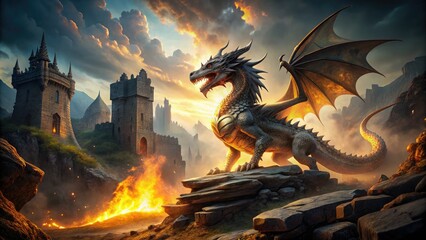 Majestic dragon with scales glistening in golden light breathes fire amidst crumbling medieval castle ruins, surrounded by ancient stone walls and misty atmosphere.