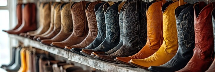 various leather cowboy boots hanging on display wall