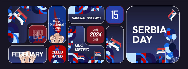 Serbia National Day Banner in creative geometric style. Wide banner suitable for independence greeting card and more event backgrounds with Serbian flag. 15th February. Happy Statehood Day of Serbia