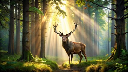 Majestic elk stands amidst misty forest, surrounded by towering trees with sun-dappled leaves, evoking a sense of serenity and connection with nature's grandeur.