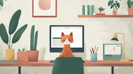 A cat is sitting on a desk in front of a computer monitor