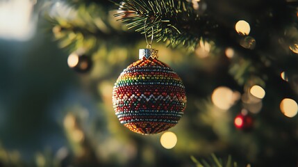 Obraz premium Colorful ornament hangs from a festive Christmas tree, reflecting holiday spirit with warm bokeh lights in the background.