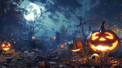 Flaming pumpkins light up a graveyard as zombies roam beneath a full moon on a chilling Halloween night