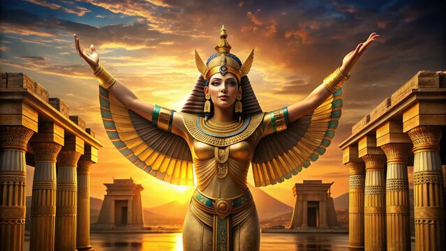 Majestic golden statue of ancient Egyptian goddess with outstretched arms, adorned with intricate headdress and jewelry, set against a warm sunset-lit temple backdrop.