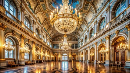 Obraz premium Majestic grand hall with high ceilings, intricate chandeliers, and ornate architectural details, flooded with natural light, creating an atmosphere of luxury and sophistication.