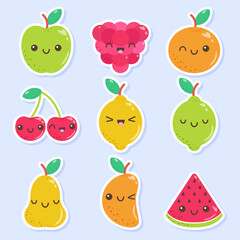 A set of cute fruit stickers with kawaii eyes in a flat style.