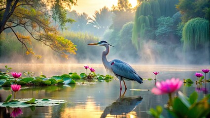 Naklejka premium Majestic great blue heron wades through misty dawn waters of serene wetlands, surrounded by lush greenery and vibrant water lilies, with frogs and fish swimming nearby.