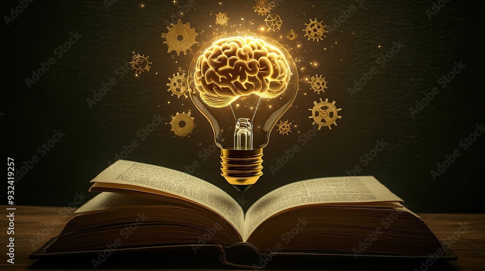 Poster an innovative design featuring a light bulb with a brain and cogwheels, illuminating an open book be