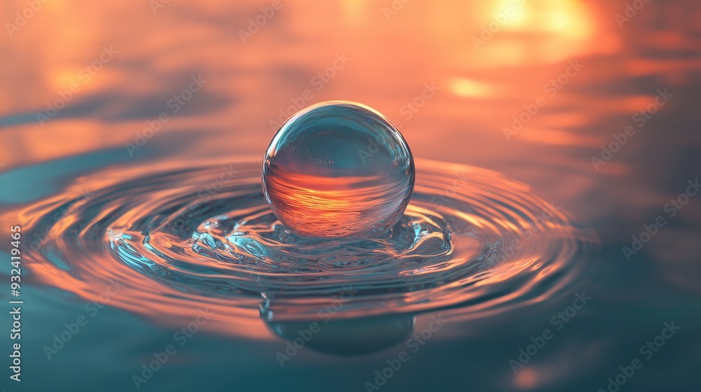 Poster an iridescent sphere gently touches the surface of a liquid, creating ripples that spread outward. t