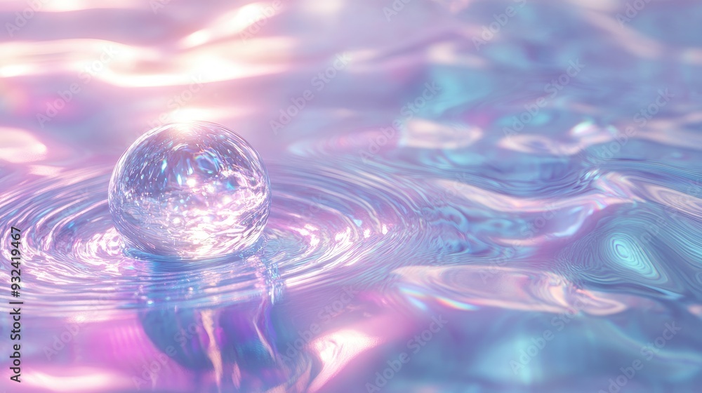 Poster an iridescent sphere gently touches the surface of a liquid, creating ripples that spread outward. t
