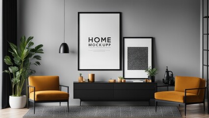 interior poster mockup with vertical black frame on home interior background