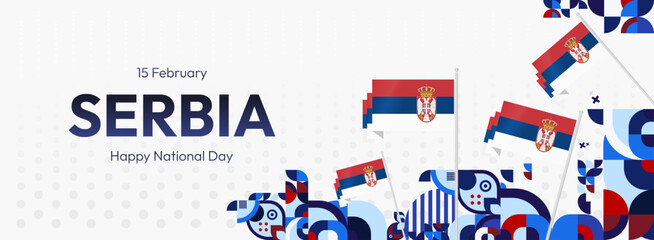 Serbia National Day Banner in creative geometric style. Wide banner suitable for independence greeting card and more event backgrounds with Serbian flag. 15th February. Happy Statehood Day of Serbia