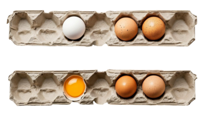 High angle view of chicken eggs containing in paper egg tray. Eggs are a natural source of many nutrients including high quality protein, vitamins and minerals, background transparant PNG. 
