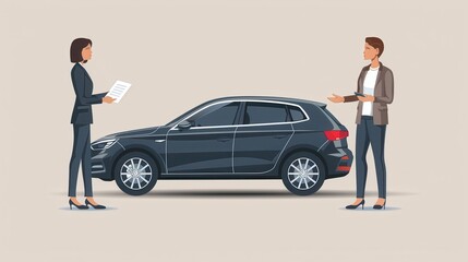 Two women are standing in front of a black car