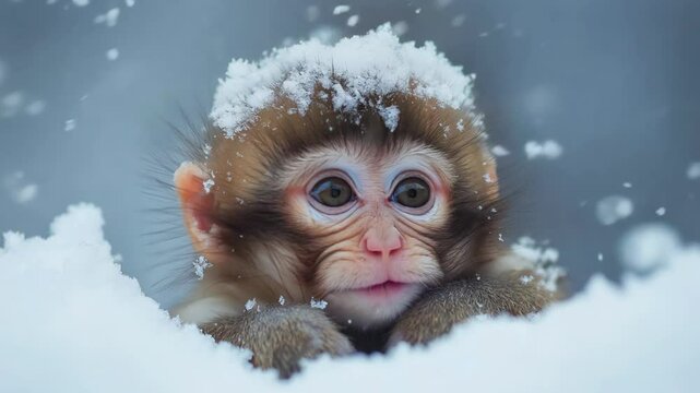 cute baby monkey in snowy day, cheerful play on snow ground
