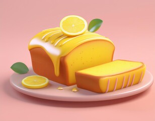 3D lemon loaf cake with a slice cut out glazed with a yellow frosting and drizzled with pink, 3D illustration