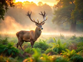 Majestic red deer roams freely in a serene natural habitat at dawn, surrounded by lush greenery and misty fog, showcasing its grandeur in the morning light.