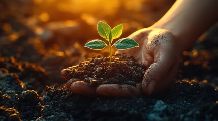 Fototapeta premium Nurturing New Life: A Hand Gently Holds a Sprout in Rich Soil, Bathed in the Warm Glow of Sunset
