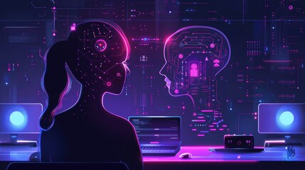 A woman is sitting at a desk with a computer and a laptop