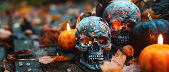 Decorative skulls and pumpkins amidst autumn leaves and candles