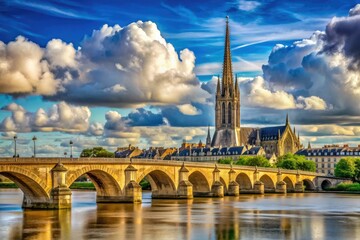 Obraz premium Majestic stone arches of Bordeaux river bridge frame St Michel cathedral's soaring Gothic spire, set against a serene blue sky with puffy white clouds.