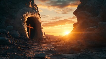 A wooden cross stands in the entrance of a cave, a symbol of hope and resurrection at sunrise.