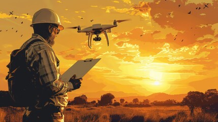 Fototapeta premium A man is standing in a field with a clipboard and a drone
