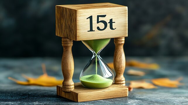 A wooden hourglass with green sand, showing 15 minutes.