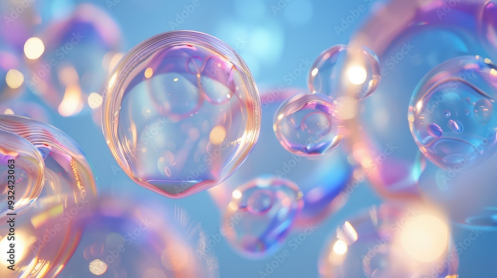 Poster a beautiful abstract image of colorful bubbles floating in a dreamy atmosphere, perfect for backgrou