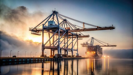 Fototapeta premium Massive wharf crane's intricate steel latticework and sturdy ropes stand tall, looming large over foggy harbor waters, waiting to lift heavy cargo into the misty air.