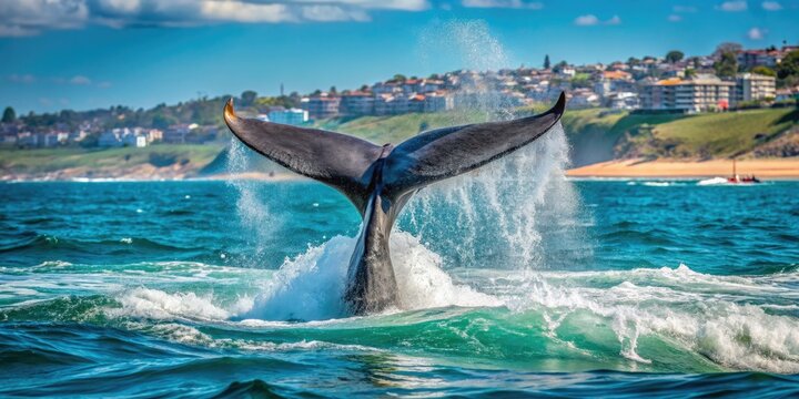 Massive whale tail breaches turquoise waters near Cronulla, Sydney, during breeding season, offering a rare close-up glimpse of the majestic creature's sleek, gray body and powerful fluke.