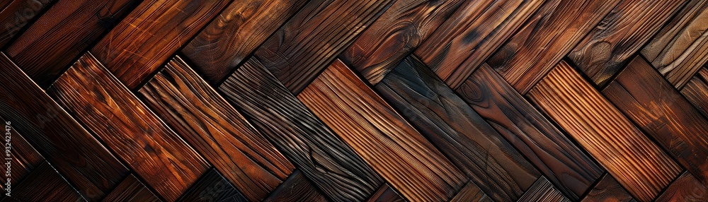Poster a close-up view of an intricate wooden herringbone pattern showcasing rich textures and varied hues 