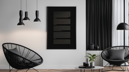 interior poster mockup with vertical black frame on home interior background