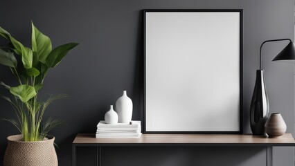 interior poster mockup with vertical black frame on home interior background