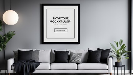 interior poster mockup with vertical black frame on home interior background