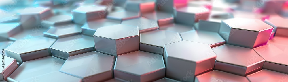 Poster a close-up view of interlocking hexagonal shapes with a modern, futuristic style in cool tones. perf